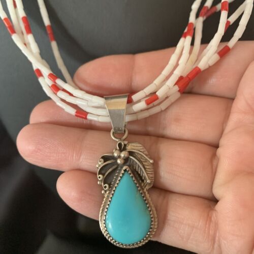 Navajo Red White Coral Turquoise Pendant | Sterling Silver Necklace 18" | Multi-Strand | 12056