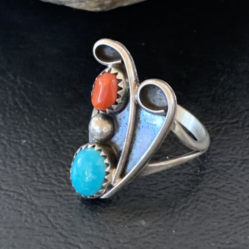 Navajo Coral Blue Turquoise Multi-Stone Ring | Authentic Native American Sterling Silver | Sz 6.5 | 10826