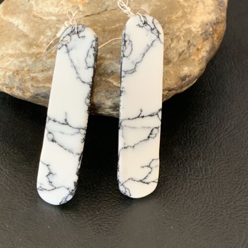 Navajo White Buffalo Turquoise Dangle Earrings | Sterling Silver | 2" | Authentic Native American Handmade | 11753