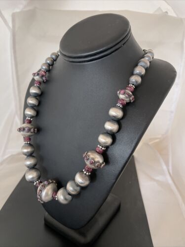 Navajo Purple Spiny Oyster Graduated Bead Necklace | Sterling Silver | Native American Handmade | 20" | 1144