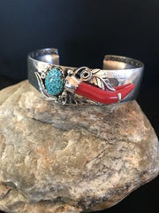 Navajo Spider Web Turquoise Coral Bracelet | Sterling Silver | Authentic Native American Handmade | 11716