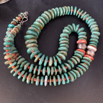 Navajo Green Turquoise & Spiny Oyster Necklace | Sterling Silver | Authentic Native American | 26" | 13908