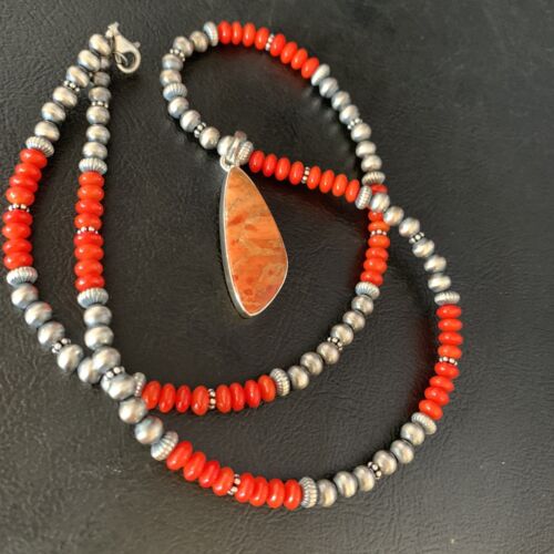 Navajo Red Apple Coral Pendant Necklace Sterling Silver