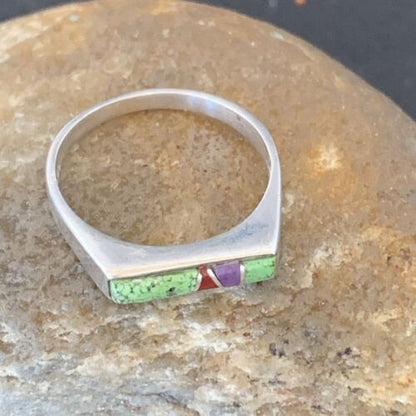 Navajo Green Gaspiete Sugilite Red Coral Inlay Ring | Sz 8.25 | Authentic Native American Handmade | 10988