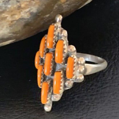 Navajo Orange Spiny Oyster Cluster Ring | Authentic Native American Sterling Silver | Multi-Stone | Sz 7.5 | 11926