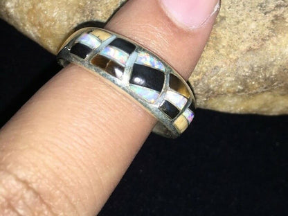 Navajo Men's White Opal & Black Onyx Inlay Ring | Sterling Silver | Sz 13.5 | Authentic Native American | 01789