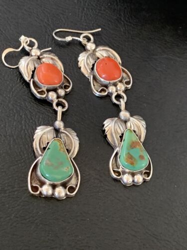 Navajo Green Royston Turquoise & Red Coral Dangle Earrings | Sterling Silver | Native American Handmade | 12553