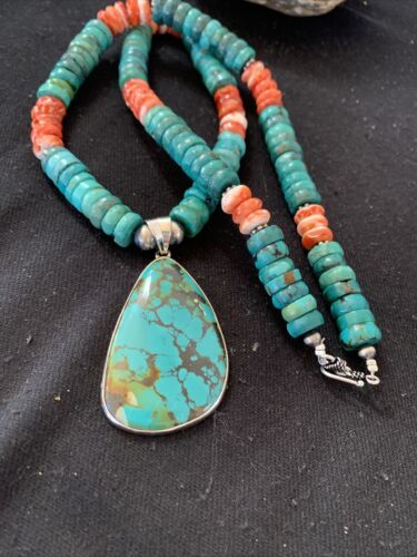 Navajo Pearls Spiderweb Spiny Oyster Turquoise Sterling Silver Necklace Pendant | Authentic Native American Handmade | 20"