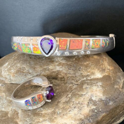 Navajo Sterling Silver Bracelet with Opal and Amethyst | 7" | Ring Sz 6 | Native American Handmade | 13120