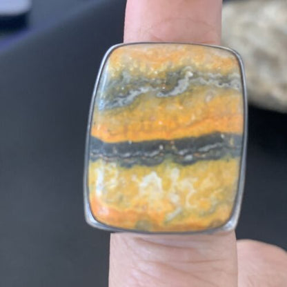 Navajo Bumble Bee Jasper Ring | Sterling Silver | Sz 8 Adjustable | Authentic Native American Handmade | 11540 - Masha USA