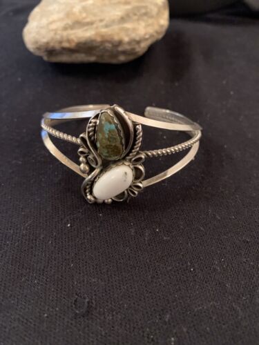 Navajo White Buffalo Turquoise Cuff Bracelet | Sterling Silver | Authentic Native American Handmade | 347
