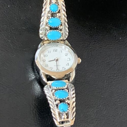 Navajo Sterling Silver Watch Tips with Blue Kingman Turquoise | Stretch Band | Authentic Native American Jewelry | 11578
