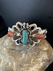 Men's Navajo Kingman Turquoise & Spiny Oyster Bracelet | Sterling Silver | Authentic Native American Handmade | 01032