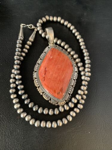 Navajo Red Spiny Oyster Pendant Necklace | Sterling Silver | Authentic Native American Handmade | 13788