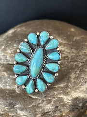 Navajo Blue Turquoise Cluster Ring | Authentic Native American Sterling Silver | Multi-Stone | Sz 9 | 14265