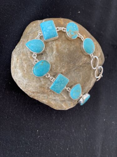 Native American Navajo Blue Turquoise Link Bracelet | Sterling Silver | 9" | 665