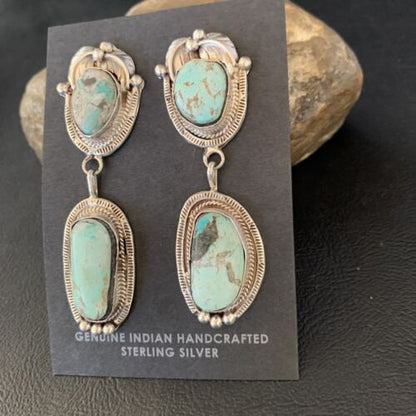 Navajo Blue Dry Creek Turquoise Post Dangle Earrings | Sterling Silver | Authentic Native American Handmade | 13875