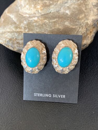Navajo Clip-On Earrings Women's Nugget Sterling Silver Blue Turquoise 13373
