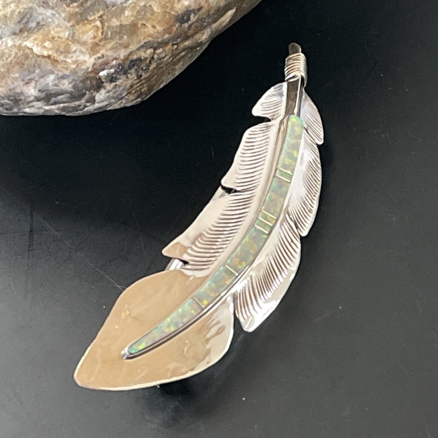 Women's Navajo Sterling Silver Feather Barrette | White Opal Inlay | Handmade | 4" | 2079