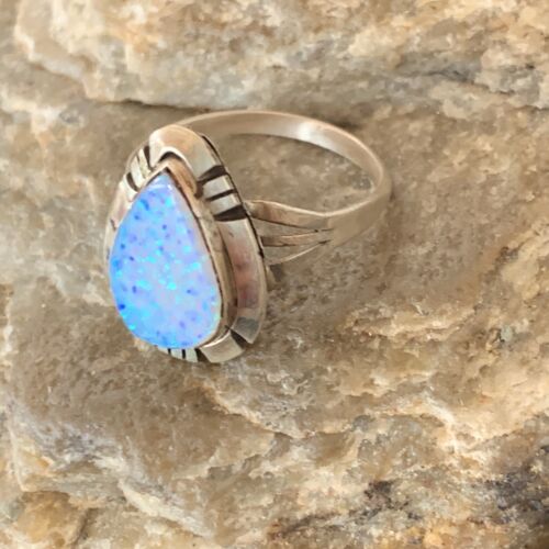 Navajo Blue Opal Inlay Band Ring | Sz 7 | Authentic Native American Handmade | 12419