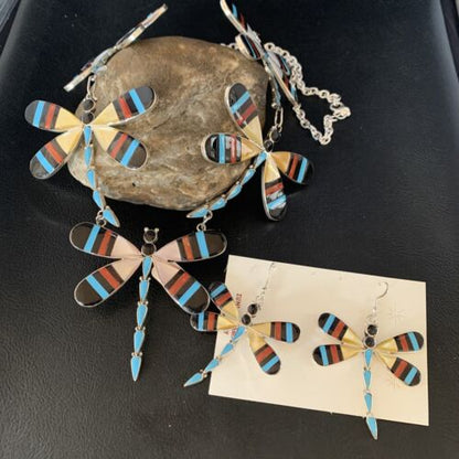 Zuni Dragonfly Necklace Earrings Set | Turquoise Onyx Inlay | Sterling Silver | Authentic Native American Handmade | 14213