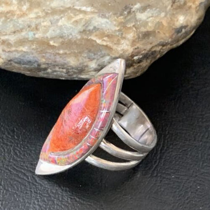 Navajo Red Spiny Oyster Opal Inlay Ring | Sterling Silver | Sz 10 | Authentic Native American Handmade | 12844