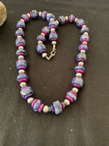 Men's Navajo Pearls Necklace | Denim Lapis Sugilite Beads | Sterling Silver | Authentic Native American Handmade | 20" | 736