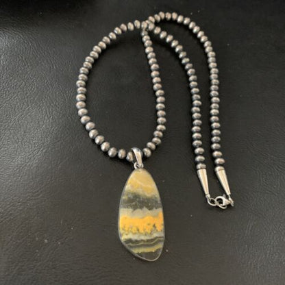 Navajo Yellow Bumblebee Jasper Pendant Necklace | Sterling Silver | Authentic Native American Handmade | 12808