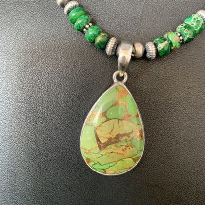 Navajo Green Mojave Turquoise Pendant Necklace | Sterling Silver | Native American Handmade | 13461