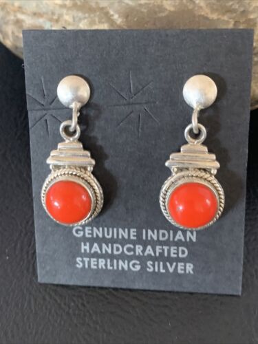 Native American Navajo Red Coral Dangle Earrings | Sterling Silver | 1" | 13113 - Masha USA