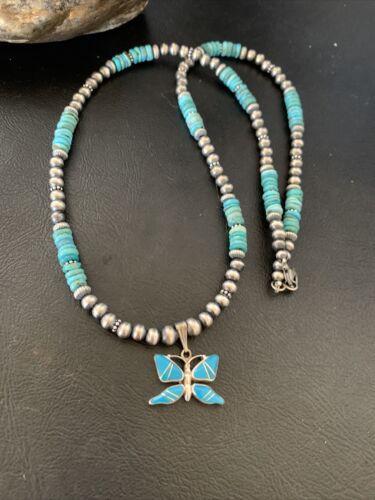 Navajo Pearl Sterling Silver Butterfly Turquoise Necklace Pendant | Authentic Native American Handmade | 12559