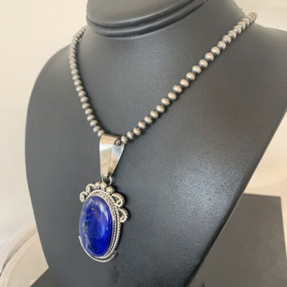 Native American Men's Navajo Pearls Necklace Pendant | Sterling Silver Blue Lapis | 1538