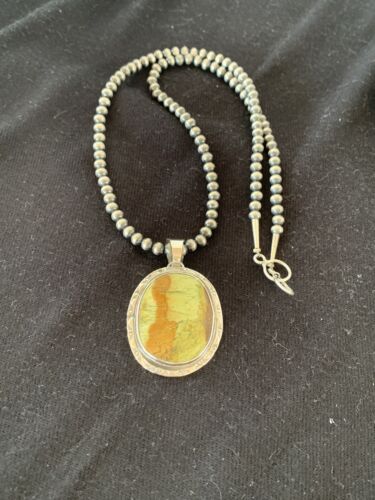 Navajo Green Gaspeite Pendant Necklace | Sterling Silver | Authentic Native American Handmade | 388