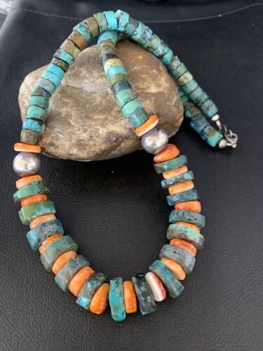 Men's XL Turquoise Heishi & Spiny Oyster Bead Necklace | Sterling Silver | 23" | Authentic Native American | 13977