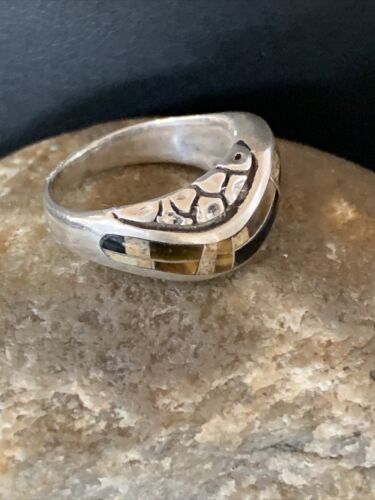 Navajo Black Onyx Coffee Tigers Eye Inlay Ring | Sterling Silver | Sz 7 | 10793