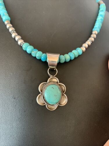 Navajo Blue Turquoise Pendant Necklace | Sterling Silver Pearls | Authentic Native American Handmade | 13220