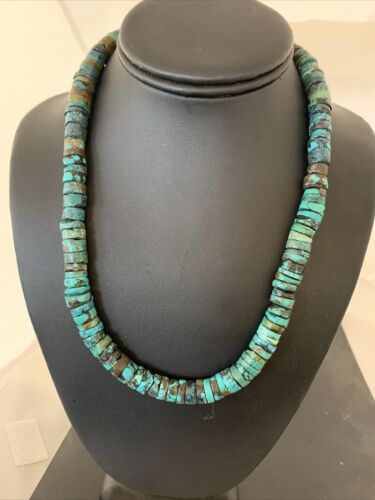 Native American Blue Green Turquoise Heishi Necklace | 9mm | Sterling Silver | 20" | 876 - Masha USA