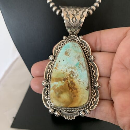 Navajo Royston Turquoise Pendant Necklace | Sterling Silver | Authentic Native American Handmade | 2129