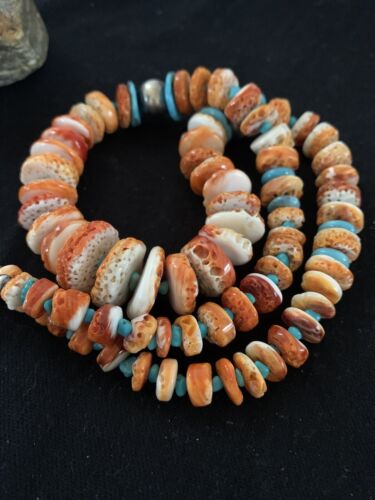 Navajo Pearls, Orange Spiny Oyster & Turquoise Necklace | Sterling Silver | Authentic Native American | 24"