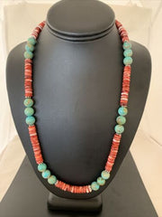 Men's Royston Turquoise & Red Spiny Necklace | Navajo Pearl | Sterling Silver | Native American | 22" | 02173