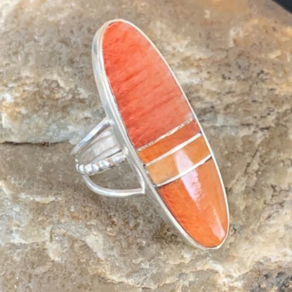 Navajo Red Spiny Oyster Inlay Ring | Sterling Silver | Sz 5 | Authentic Native American Handmade | 11585