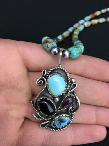 Navajo Turquoise and Spiny Oyster Multi-Stone Necklace | Authentic Native American Sterling Silver | 21" | 4885