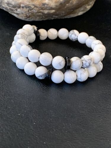 Navajo Memory Wire Bracelet | Stainless Steel | Howlite & Onyx Beads | Sterling Silver | 01956