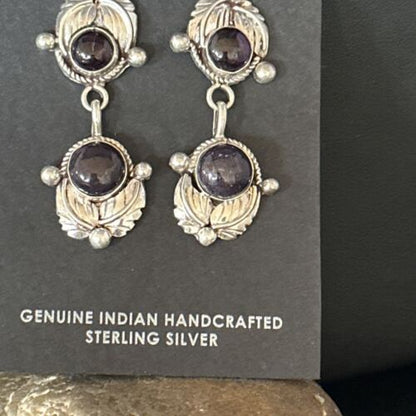 Navajo Purple Sugilite Post Dangle Earrings | Sterling Silver | Authentic Native American Handmade | 1597