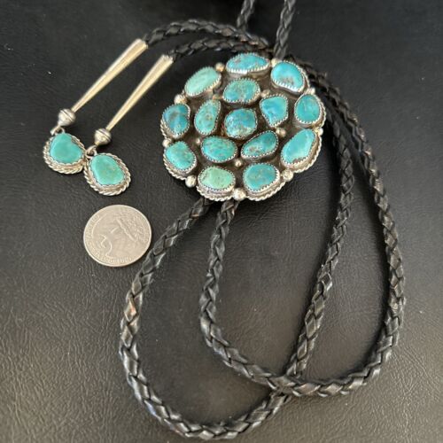 Men's Bolo Tie | Cluster Blue Kingman Turquoise | Sterling Silver | Navajo | Authentic Native American Handmade | 14524