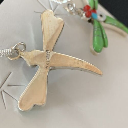 Navajo Dragonfly Earrings | Green Gaspeite, Coral, Mother of Pearl Inlay | Sterling Silver | 1" | 13319 - Masha USA