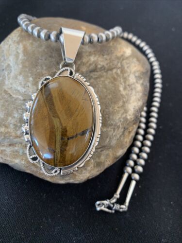 Men's Navajo Pearls Necklace | Sterling Silver | Coffee Tiger's Eye Pendant | Authentic Native American Handmade | 1541