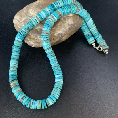 Men's Navajo Blue Turquoise Heishi Bead Necklace | Sterling Silver | 20" | Authentic Native American Handmade | 13522
