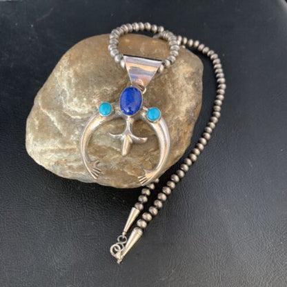 Navajo Blue Lapis Turquoise Pendant Necklace | Authentic Native American Sterling Silver | Naja | 13631