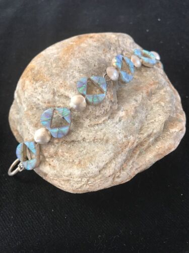 Native American Sterling Silver Opal Inlay Link Bracelet | 7" | 11588